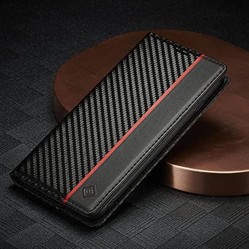ZTOFERA Compatible with iPhone SE 3 (2022) 5G/7/8/SE 2020 Wallet Case, Premium PU Leather Carbon Fiber Texture Flip Case with Card Holder Magnetic Closure Protective Phone Case, Vertical Red Line