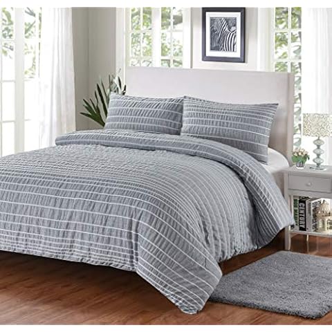 rejuvopdeic Grey Double Linear Duvet Quilt Cover Bedding Set With Seersucker Puckered Effect Cover