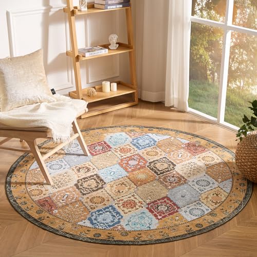 Phantoscope Vintage Collection Round Area Rug 6ft, Washable Non-Slip Living Room Round Rug Large Circle Rug, Low-Pile Floral Painting Boho Carpet for Bedroom Kitchen Dining Room, Tan Brown/Multi