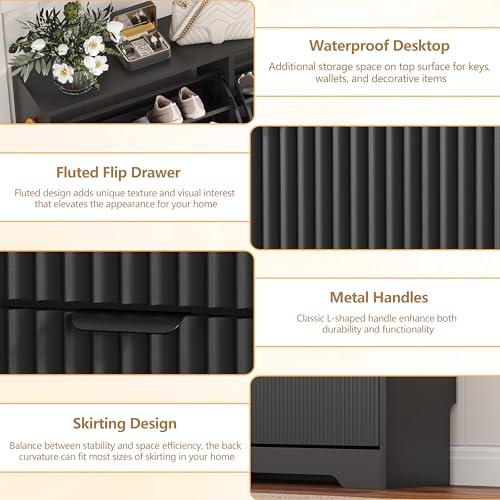 Image of HUANLEGO Shoe Cabinet Storage for Entryway with 4 Flip Drawers, Black Fluted Shoe Cabinet with Adjustable Shelves, Wooden Hidden Shoe Rack Freestanding Narrow Slim Shoes Storage for Hallway, Entrance