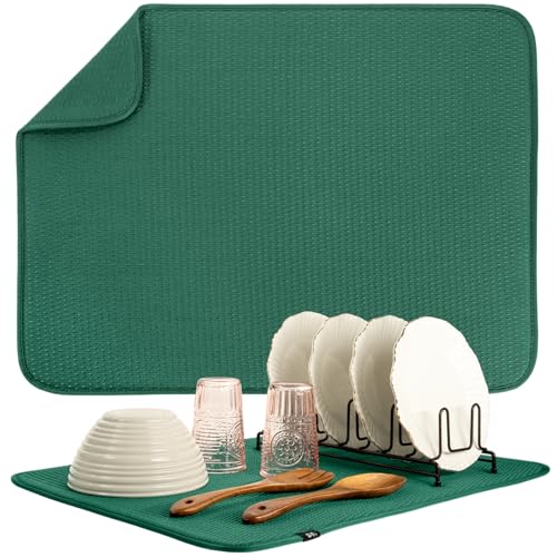 S&T INC. Dish Drying Mat XL, 18” x 24”, Absorbent Microfiber Kitchen Counter Mat, Drying Pad for Dishes, Utensils, Pots and Pans, Extra Large, Diamond Texture, Emerald Green