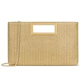 KKXIU Straw Clutch Purse for Women Summer Evening Handbag Beach Shoulder Bag with Gold Chain (A-Khaki)