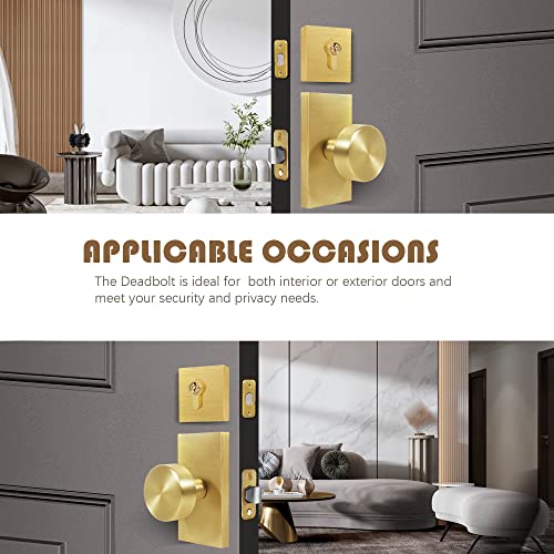 Felibat Gold Door Knob With Deadbolt, Satin Brass Single Cylinder Deadbolt And Door Knob Set #TOP4