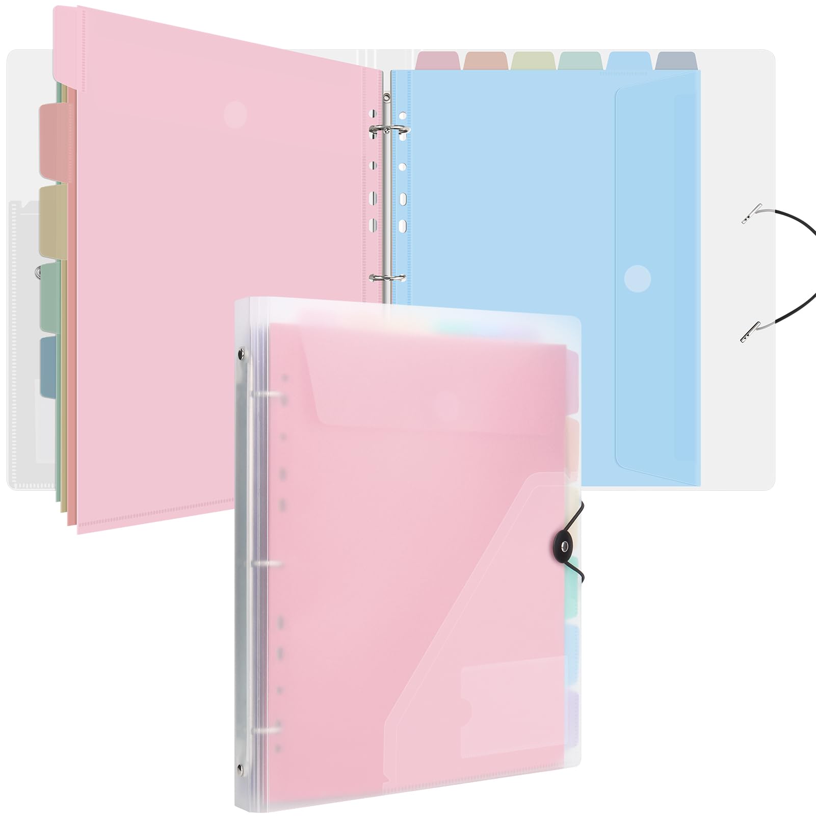 Uquelic Classeur avec Pochettes Perforées pour Documents Format A4 - Pochette Plastique, Trieur Document Pochette Plastique A4 avec Rabat - Maison/Bureau (Transparents Macarons)