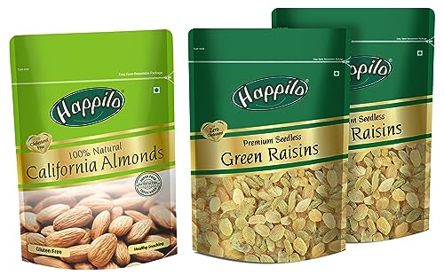 Image of Happilo 100% Natural Premium Californian Almonds, 200g (Pack of 2) and Happilo Premium Seedless Raisins, 250g (Pack of 2)