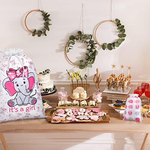 4 Pcs Large Baby Girl Shower Gift Bags Elephants Drawstring Fabric Bags Pink Shower Present Bag Treat Bags For Baby Shower Child's Birthday Gender Reveal Party (Cute Elephant) #TOP6