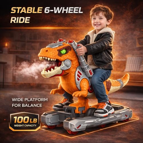 Image of Dinosaur Ride On Push Car for Little Kids, Battery Operated Push & Ride Electric Foot-to-Floor Sliding Rideable Toy Scooter with Music, Light & Smoke for Toddlers