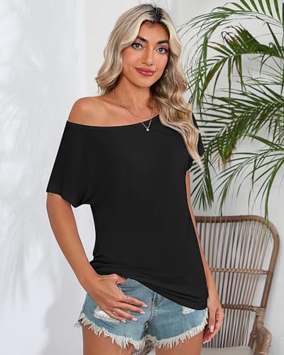 Riyiper 3 Pack Women's Off The Shoulder Shirts, Loose Fit Flowy Tops Short Sleeve Casual Summer Tshirt Athletic Workout Tunic2