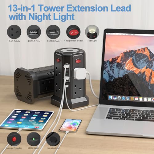 Tower Extension Lead with USB Slots 3M, 20W Fast Charger with Night Light, (13A 3250W)5 USB Ports & 8 Way - Image 4