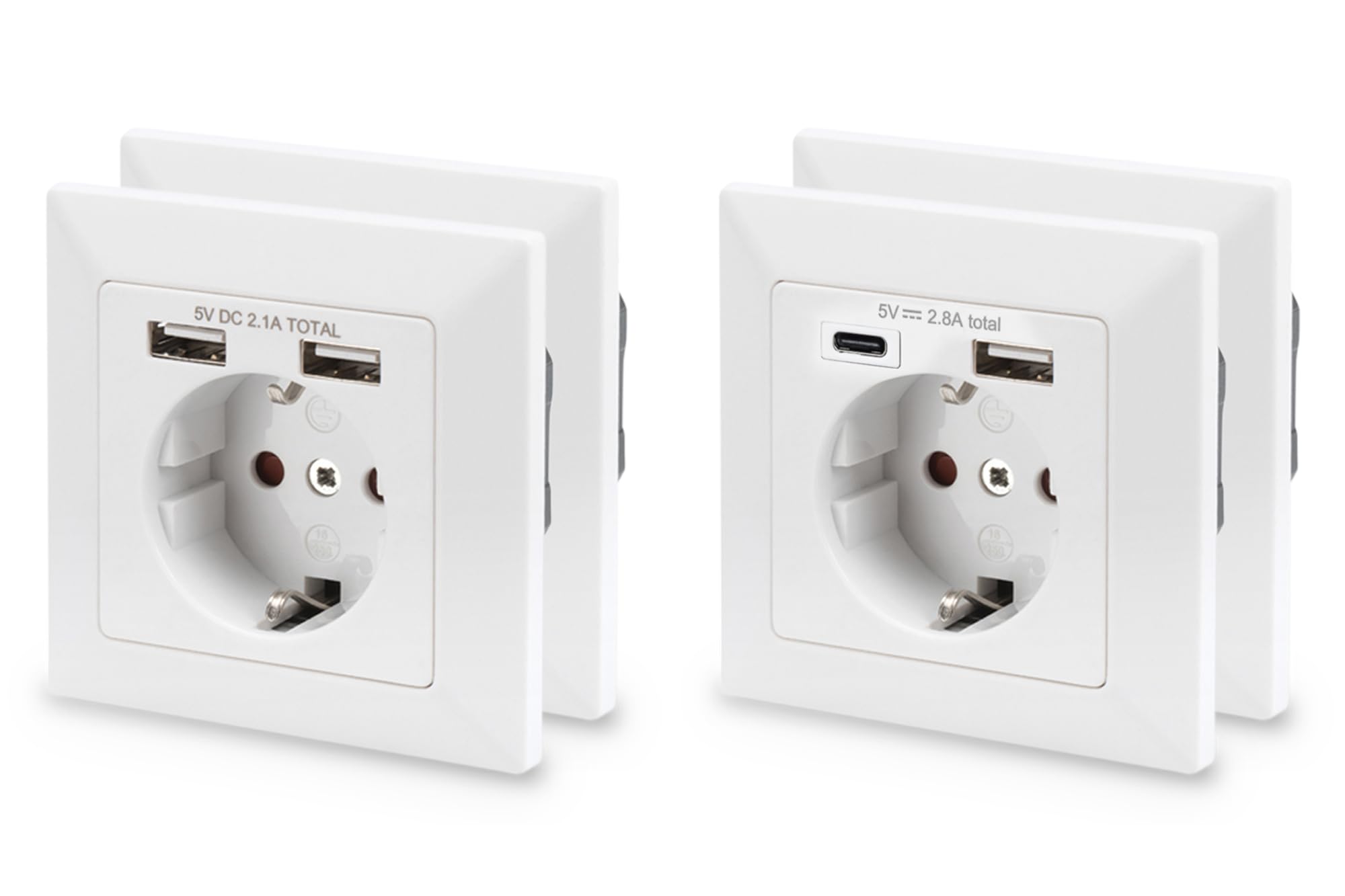 DIGITUS Set: Unterputz-Steckdose Mit USB Ladegerät - 2x Version-1 (Doppelt A) - 2x Version-2 (A + C) - Einbautiefe 32 mm - Bedingt Designfähig - Reinweiß RAL 9003