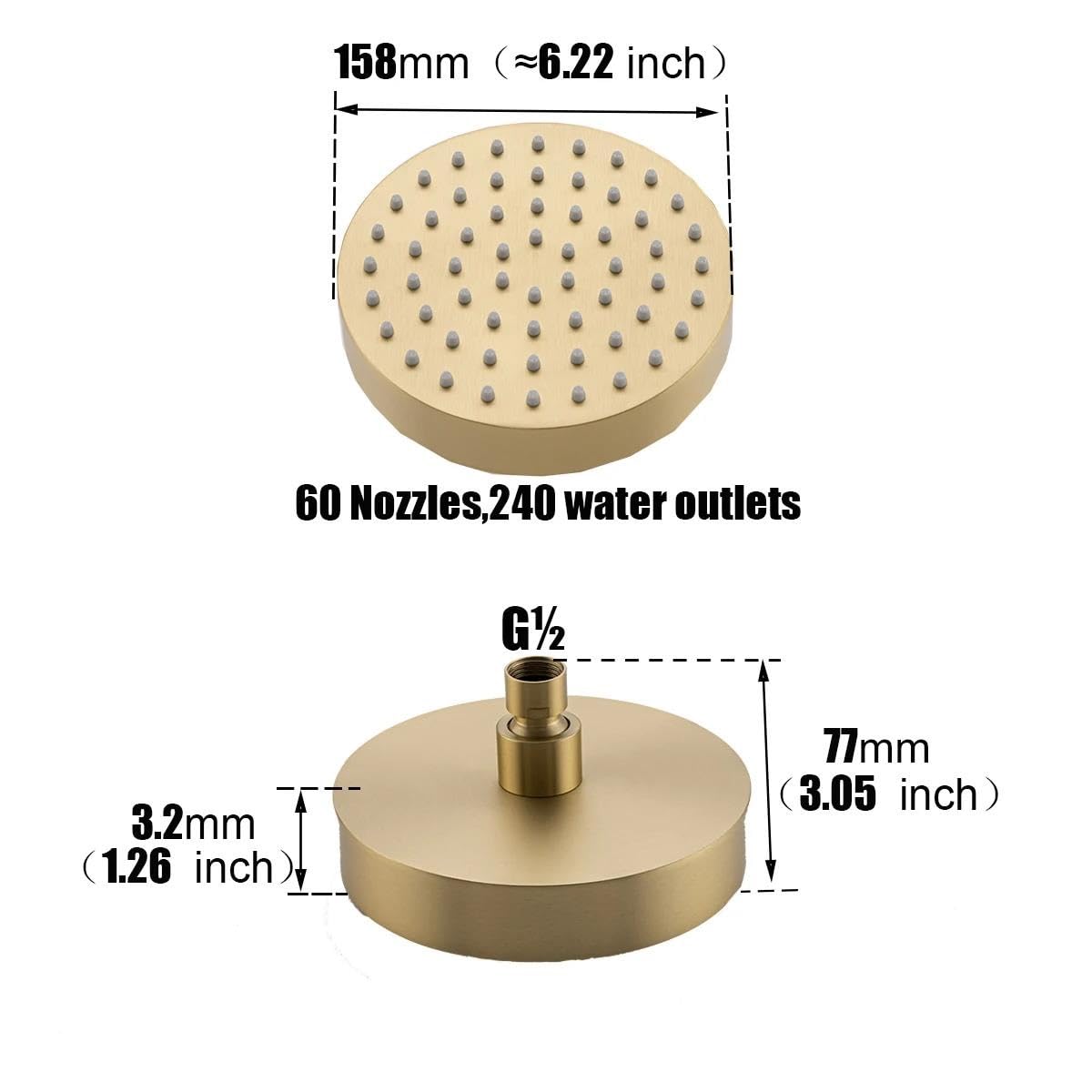 Soffione doccia ad alta pressione in acciaio inossidabile massiccio, rubinetto per doccia a pioggia nero opaco per bagno(Brushed yellow)