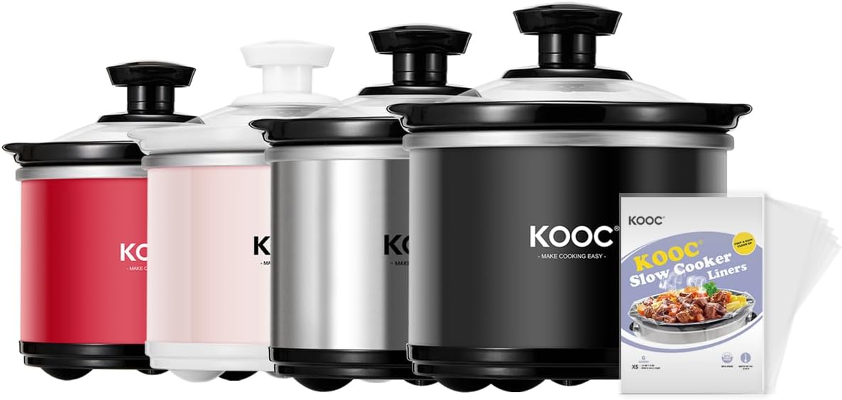 Small Slow Cooker, 0.65 Quart, Free Liners Included, Upgraded Ceramic Pot, Nutrient Loss Reduction, Sauces, Stews & Dips, Stainless Steel, Black, Round