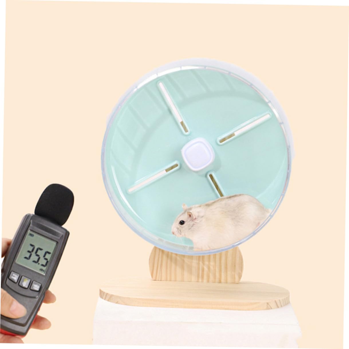 Rueda Silenciosa para Hámster con Soporte Estable Juguete para Ejercicio de Pequeños Roedores como Erizos y Chinchillas Azul con Base de Madera para Jaulas