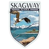 Lantern Press Sticker Skagway, Alaska, Lake Scene, Bald Eagle and Bear, Die Cut Vinyl, (Waterproof Decal for Cars, Water Bottles, Laptops, Coolers), Small