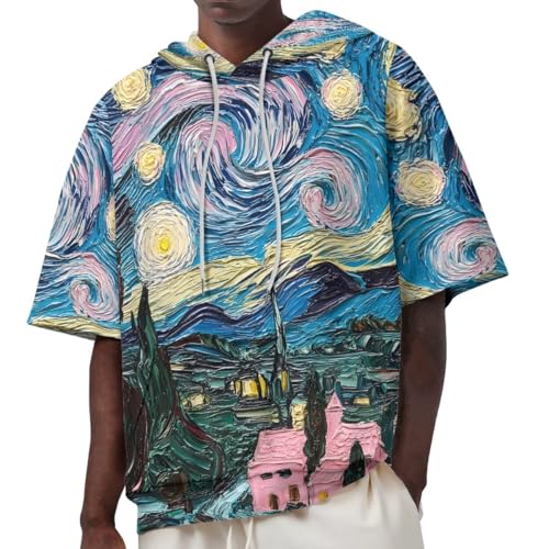 GLUDEAR Mens Short Sleeve Hoodies Paint Print Drawstring Pocket Workout Pullover Hooded Sweatshirt T-Shirts