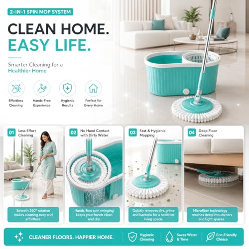 Image of 2-in-1 Bucket Spin Mop with 4 Wheels & Puller Handle | 360 Flexible Hands-Free Floor Cleaning System | Twin Wringer & Wash Bucket | 2 Microfiber Refills | Big Size Pocha Set | Aqua Blue