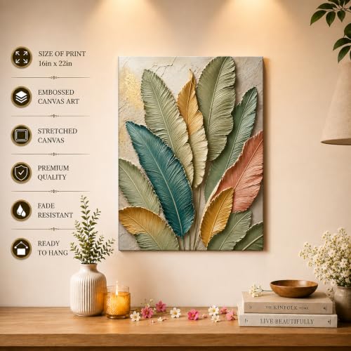 Image of PAINTINGMANTRA Textured Embossed Floral Leaf Canvas Wall Art Painting for wall decoration, Multi-Color Feather & Leaf Motifs Stretched Canvas Painting for living room, bedroom, Home and office, 16x22 Inch