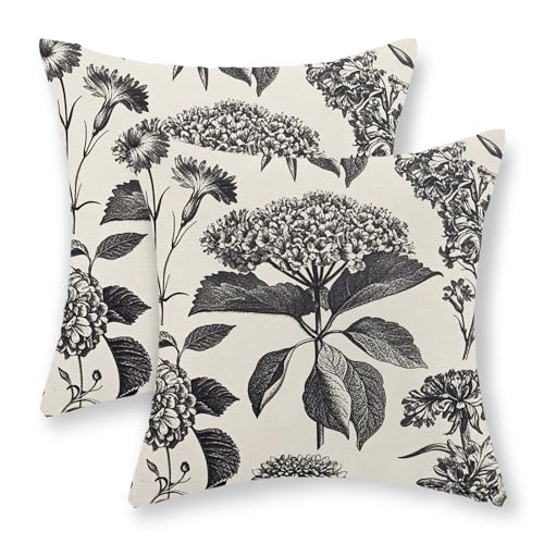 Throw Pillowcase Black Vintage Boho Floral Hydrangea Herbs Botanical Pillowcase Smooth Set Of 2 Pillow Cases Super Soft Pillow Cover For Office Livingroom 45X45 Cm