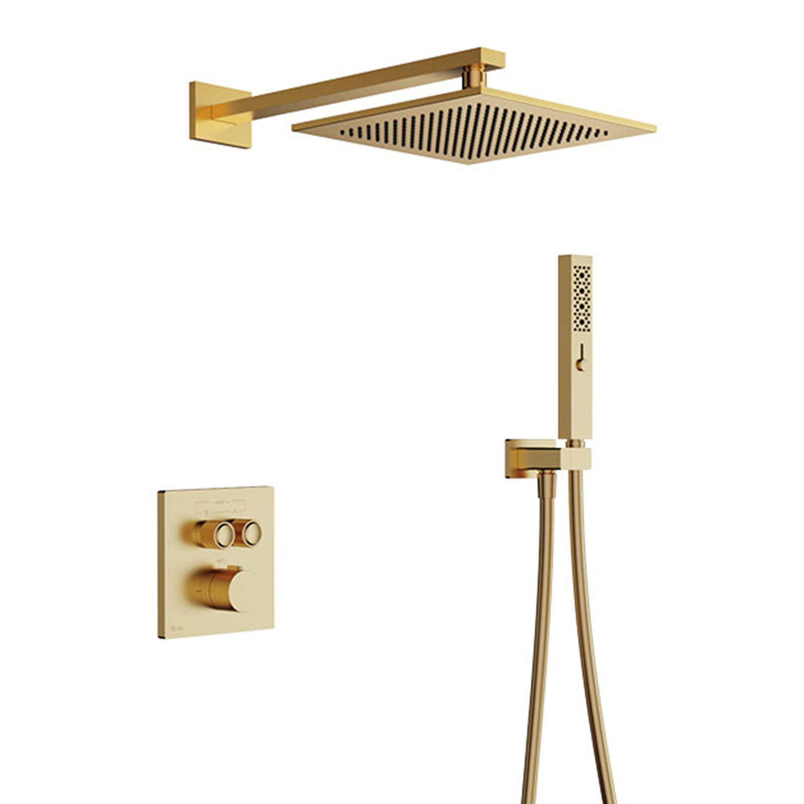 Juego de grifo de ducha termostático oculto con cabezal cuadrado de lluvia, estructura de latón, 2 válvulas de escape para baño moderno