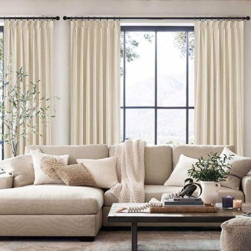 Image of QJmydeco Textured Linen 96 Inch Blackout Curtains, Pinch Pleated /Back Tab Drop Cloth Curtains to Cover Closet Farmhouse Draft Blocking Block Out Cottage Window Drapes 2 Panels 8 FT Tall Beige Cream