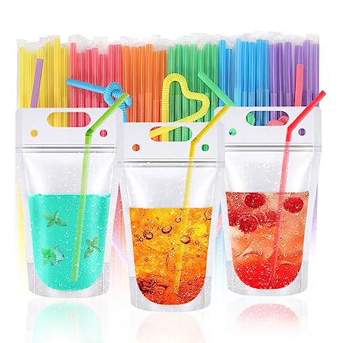 50PCS Drink Pouches For Adults,Reusable Ziplock Bags With 50PCS Reusable Straws For Alcohol Drink Freezable Hand-Held Juice Container For Cold & Hot Smoothie (12OZ, Translucent Frosted)