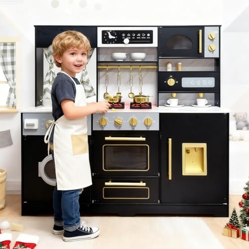 Image of Wooden Play Kitchen with Light & Sound, Toy Sink and Water Dispenser with Runing Water, Large Toddler Kitchen Playset with Washing Machine,Premium Gifts for 3+Years Boys Grils Kids