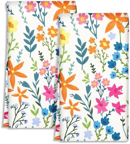 Cute Kitchen Towels Set of 2 - Dish Towels 18 x 26 Inch Microfiber Tea Towel for Home Decorative Little Flower Spring Soft Reusable & Absorbent Aesthetic Vintage Design