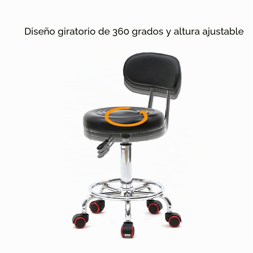 aburete con ruedas profesional con respaldo rotación de 360 °, silla de rueda, altura ajustable, para salón de masaje, cocina, oficina, clínica, pub, costura, pintor, piano negro