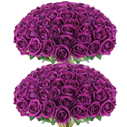 Hananona Artificial Roses in Bulk, Fake Silk Roses Realistic Roses for Wedding Centerpieces Flower Arrangement Home Decor (50, Purple)