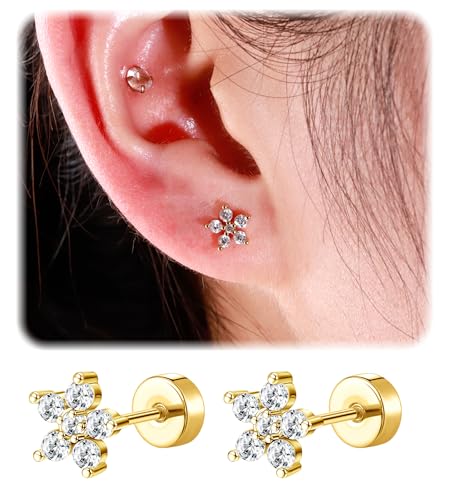 Flat Back Stud Earrings for Girls Women 14K Gold Plated Cartilage Stud Earrings 20G Hypoallergenic Surgical Steel Gold Flower Screw Back Nap Earrings Studs