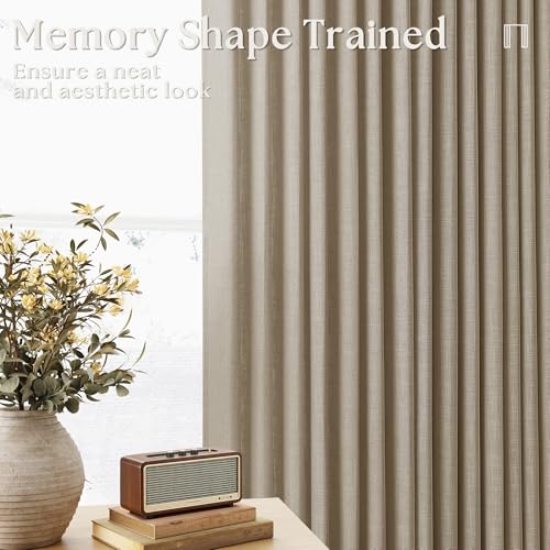 Image of Grey Beige Linen Kitchen Curtains 45 Inches Long 2 Sets Basement Curtains for Small Window Pinch Pleated Back Tab Linen Blend Short Cafe Boho Semi Sheer Back Tab Drapes for Bay Windows Bedroom 40x45