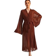 Sheer Mesh Lace Robe for Women Long Kimono Bell Sleeve Tie Waist Cover Up