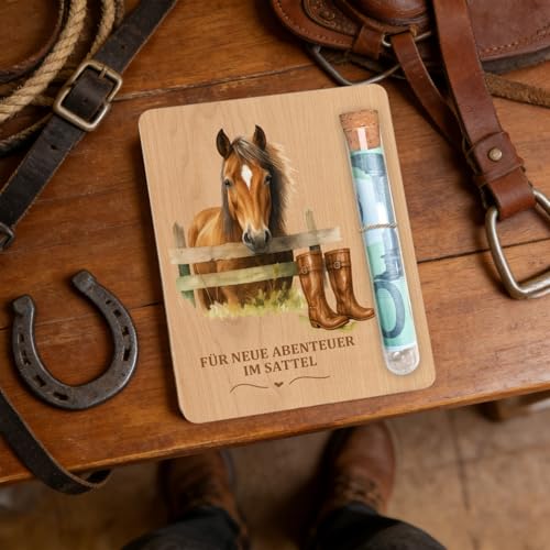 Geldgeschenk Pferd Aus Holz Für Reiterinnen Und Pferdefans, Kreatives Pferde Mädchen Geschenk Mit Holztafel Und Reagenzglas, Originelle Geschenkidee Zum Geburtstag, Weihnachten Oder Reitbeginn