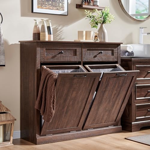 Image of IFGET Double Tilt Out Trash Cabinet, Wood Trash Can Cabinet, Brown