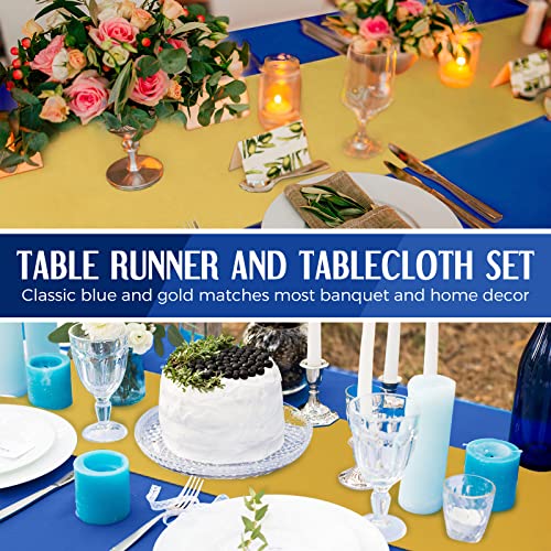 Image of Breling 8 Pack Navy Blue and Gold Disposable Plastic Tablecloths and Satin Table Runner Set, 54 x 108 Inch Tablecloth, 12 x 108 Inch Table Runners for Wedding Graduation Birthday Baby Shower New Year