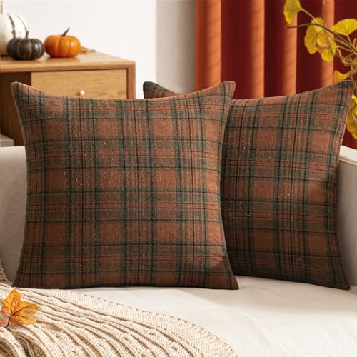 Woaboy Set of 2 Scottish Tartan Plaid Throw Pillow Covers Farmhouse Classic Plaid Decorative Square Cushion Cases Fall Autumn Christmas Home Decor for Sofa Couch Livingroom 18x18 Inch,Orange and Green