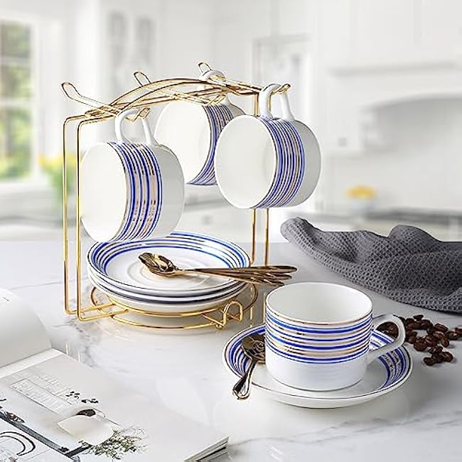 Tea Cups and Saucers Holder,Metal Tea Cups Coffee Cups Rack,Organizer for Coffee Cup Spoon and Saucers (Gold)
