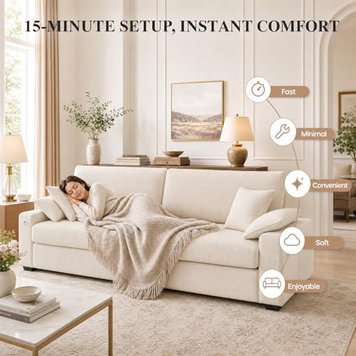 Image of Oversized Sofa with Armrest Storage, USB & Type-C Fast Charging, Removable Washable Cover, Solid Wood Legs, Modern Furniture for Living Room Apartment Office, Beige
