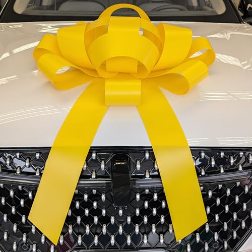 Image of CarBowz Big Car Bow for Car Decorations and Birthday Car Gifts, Large Bow Ribbon, Magnet, Car Safe Sticker Included, Fully Assembled 30 inch Wide Huge Bow, No Suction Cup Needed (Yellow)