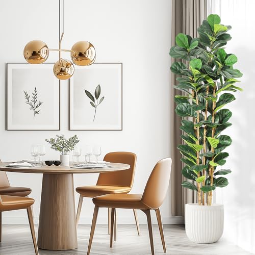 7FT Artificial Fiddle Leaf Fig Tree with Natural Wood Trunk,Tall Fake Fiddle Leaves Plant in White Planter, Floor Plants for Living Room Indoor Home Decor,Housewarming Gift