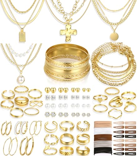 FANDY 137 Pieces Gold Jewelry Set for Women 12 Necklace 14 Bracelet 21 Earrings 24 Knuckle Rings 66 Hair Accessory Gold Jewelry for Women Gift