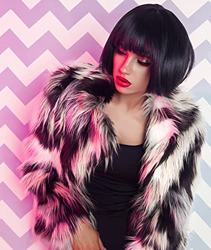 Image of LIULIUBTY Short Bob Hair Wigs Straight with Flat Bangs Synthetic Colorful Cosplay Daily Party Neon Wig for Women + Free Wig Cap 16 inch Natural As Real