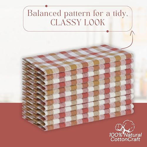 Image of Multi Checkered Dish Towels 4 Pack, 18x26 Inches, 100% Cotton Kitchen Cloths, Quick Drying Wash Rags, Reusable & Absorbent, Washable Towels for Cleaning, Cooking - Rust, Tan, Natural