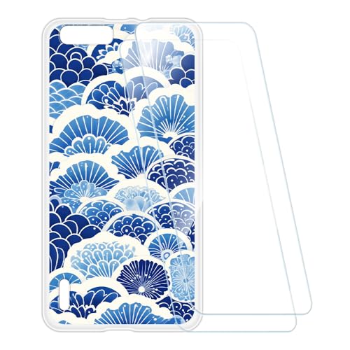 ESACMOT Bedruckte Hülle + 2 Glas Schutzfolie Kompatibel mit Huawei Honor 6 Plus, Stoßfeste Weiche Cover & HD Klare Tempered Glass Folie (Welle)