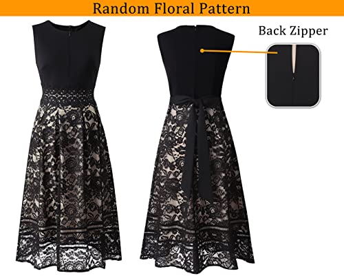 VFSHOW Womens Lace Applique Tie Waist Front Zipper Pockets Pleated Cocktail Party A-Line Midi Dress4