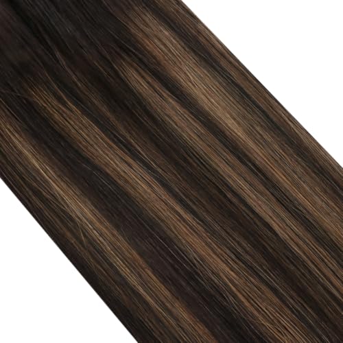 Image of Moresoo Microlink Hair Extensions, Feather Tip, Brown Balayage, 16 Inch | 40g 50 feather tips, paired strand design, dark brown to chestnut blend, cold fusion installation, lightweight volume
