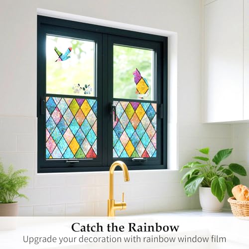 WPCTEV 3D Window Film No Glue Privacy for Glass Sticker Static Cling Heat Control Anti UV Non-Adhesive Decorative Rhombus 17.5 Inch x 6.5 Feet