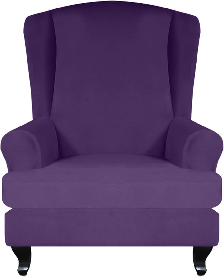YOPOIY 2 Pieces Elastic Stretch Wing Chair Cover Solid Color Wingback Armchair Cover Spandex Wing Chair Slipcovers for Living Room Bedroom (Purple,one Size)