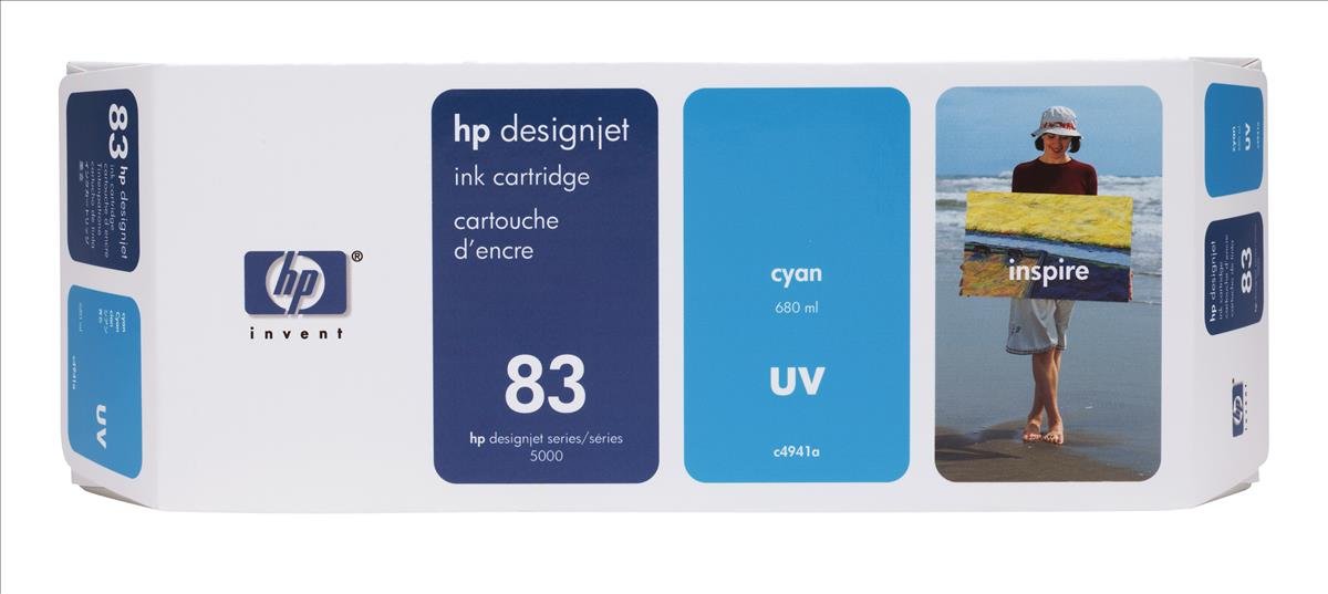 HP 83 Cyan 680-ml Genuine UV Ink Cartridge (C4941A) for DesignJet 5500 & 5000 Series Large Format Printers