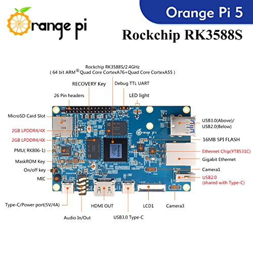 Orange Pi 5 4Gb Rockchip Rk3588S 8 Core 64 Bit Single Board Computer, 2.4Ghz Frequency Open Source Development Board Mini Pc Desktop Run Orange Pi Os, Android12, Debian11 (Pi 5 4Gb) #TOP2